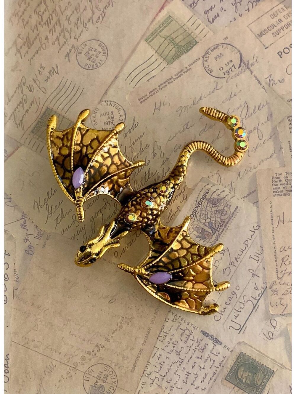 Golden Dragon Wing Brooch with Sparkling Purple and Crystal Accents